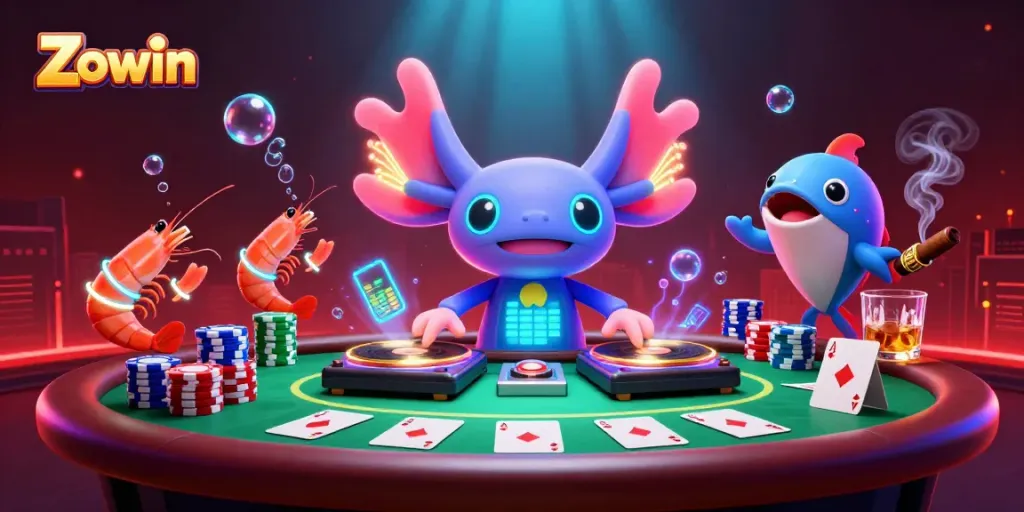 Zowin immerses players in vibrant underwater casino action with neon characters and poker elements.