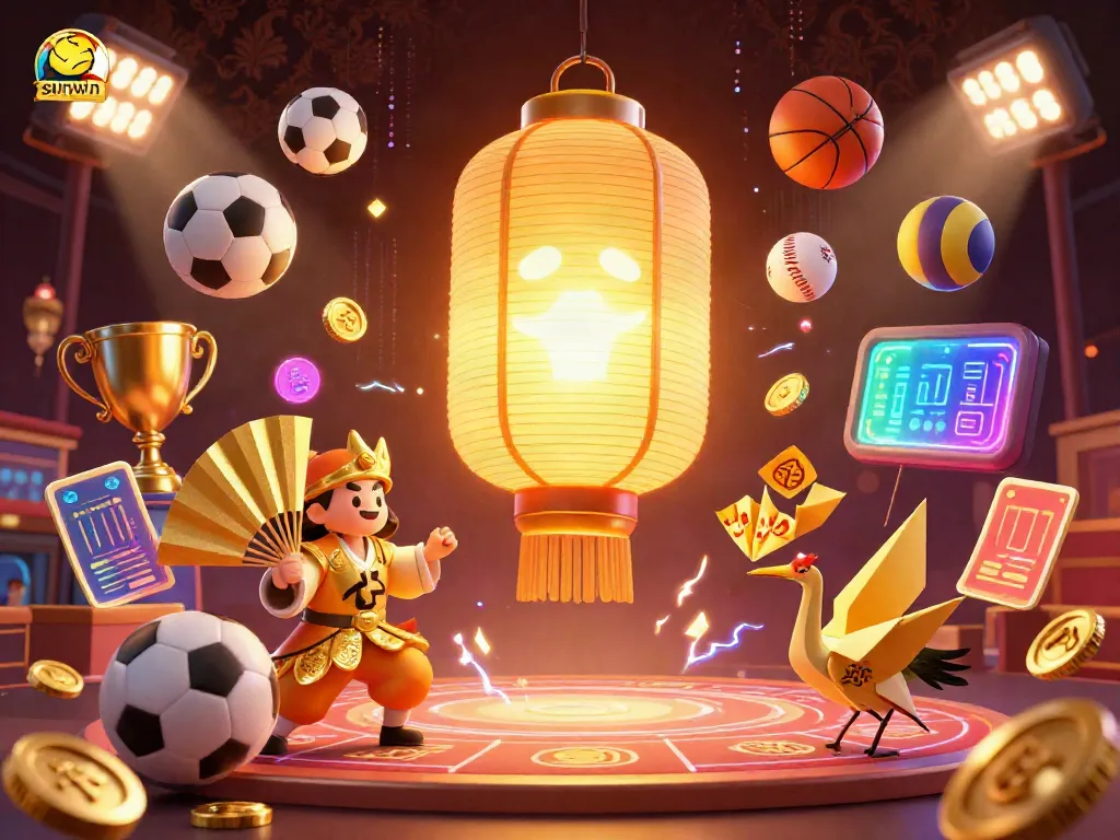 Engage with the thrilling sunwin gaming experience featuring a glowing lantern spirit and dynamic sports elements.