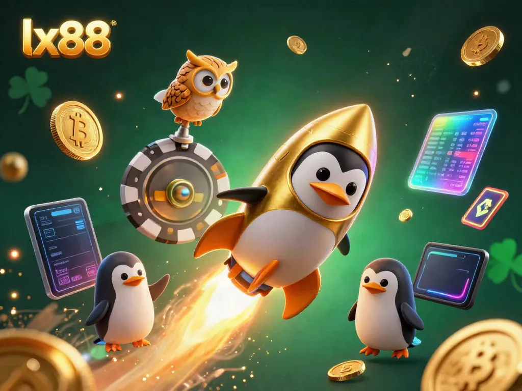 Experience the thrill of playing at lx88, featuring a golden penguin heading to a casino space station surrounded by glowing crypto elements.