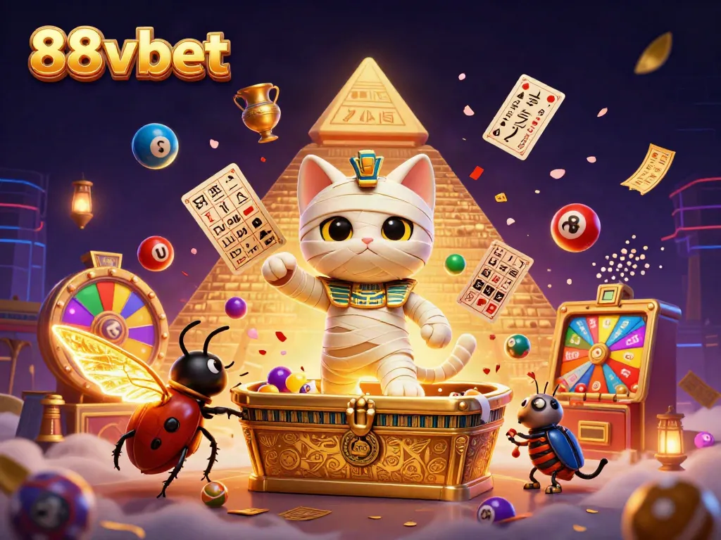 Engage with thrilling 88vbet graphics showcasing a vibrant casino scene featuring a mummy cat and glowing scarab, bursting with excitement.
