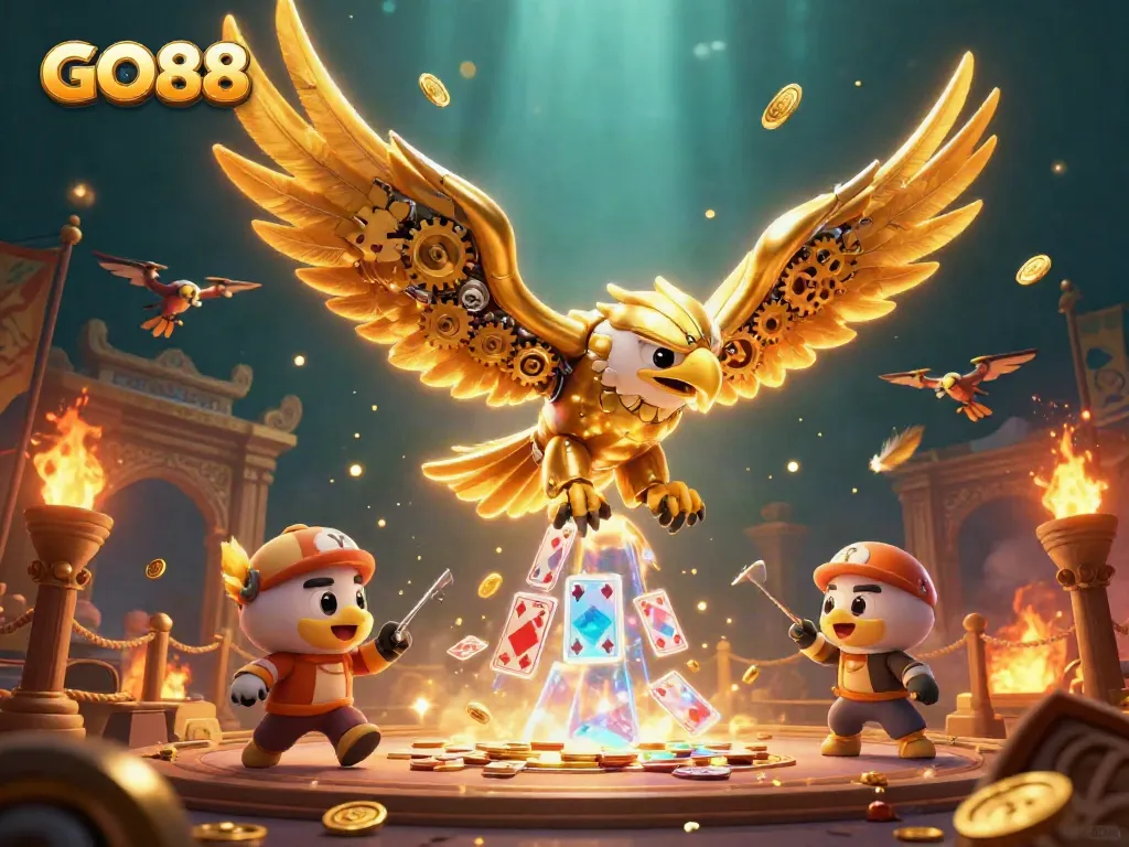 Experience GO88's immersive gaming world with a gold-embellished eagle amidst dynamic casino elements.