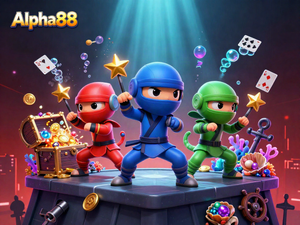 Engage in thrilling gaming action with Alpha88's colorful chameleon ninjas amidst vibrant casino elements.