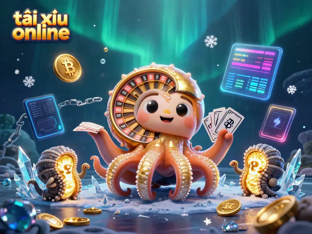 Experience the excitement of tài xỉu online with a vibrant 3D casino scene featuring a nautilus roulette wheel and glowing crypto coins.