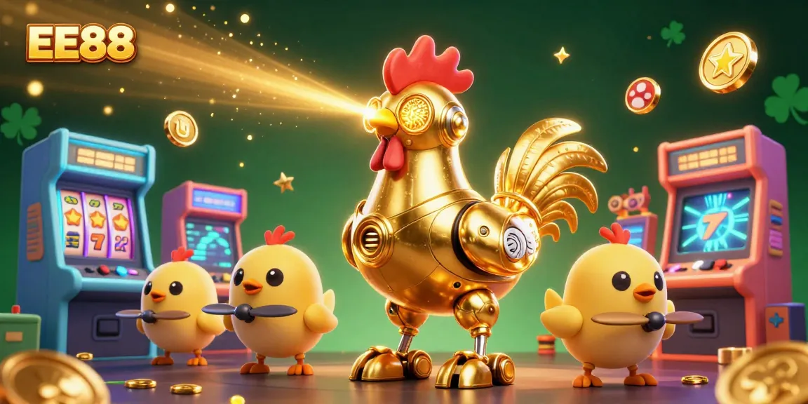 Play thrilling games at EE88 with golden rooster robot and baby chick drones in a vibrant casino scene.