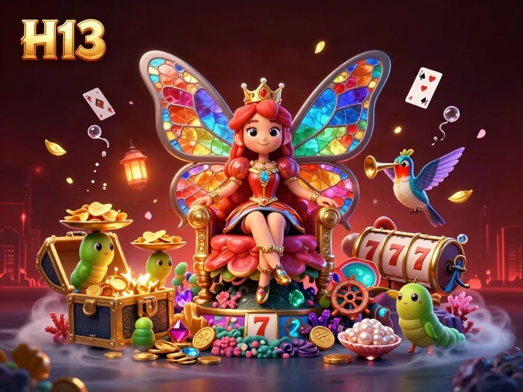 Spin the reels with H13's dazzling butterfly queen in a vibrant casino fantasy scene.