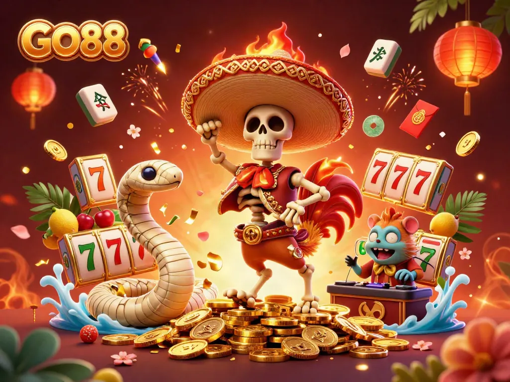Experience the excitement of GO88 with dynamic slot reels, vibrant characters, and festive casino elements.