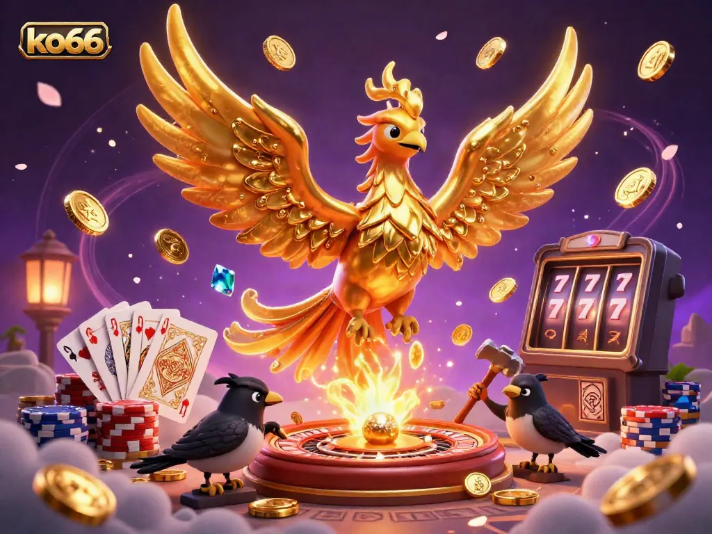 Celebrate winnings at ko66 with cascading coins and a spinning roulette wheel in this vibrant casino scene.