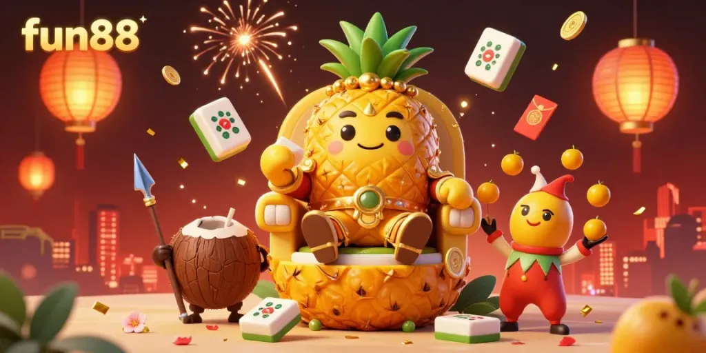 Engage with fun88 in a vibrant beach casino setting featuring a golden pineapple king and colorful game symbols.