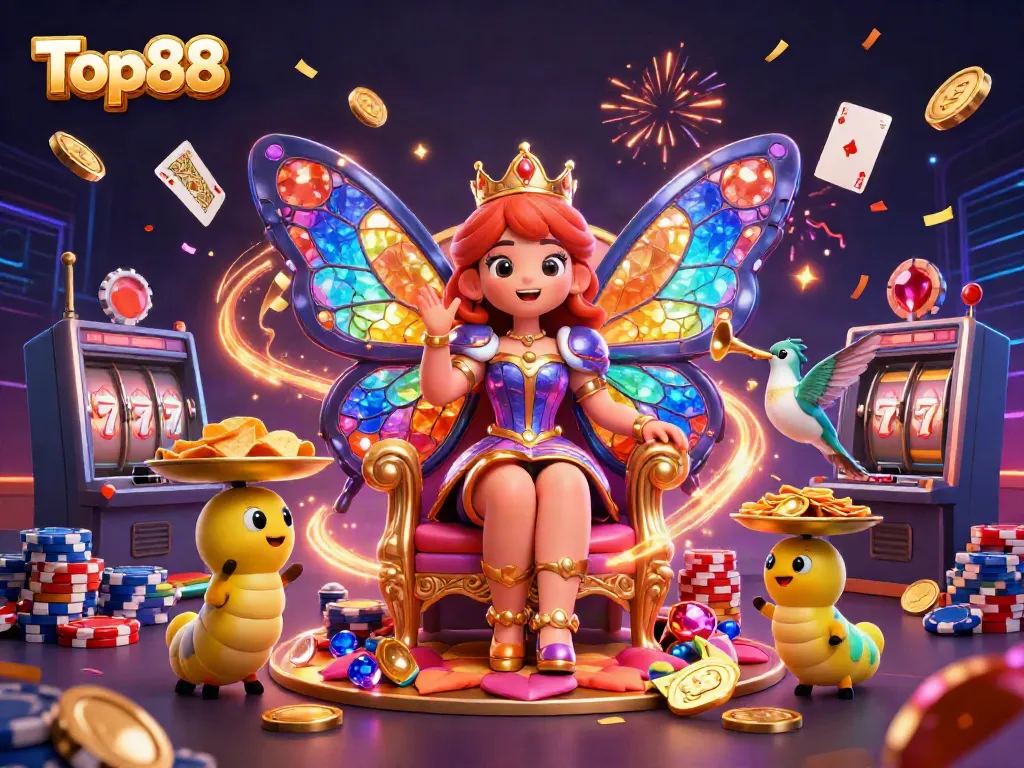 Experience the excitement of Top88 with vibrant casino elements and enchanting characters.
