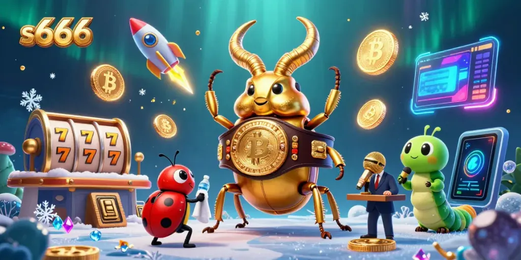 S666 casino scene with a golden stag beetle and slot reels, representing thrilling gaming experiences.