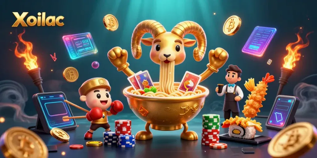 Xoilac illuminates an exciting digital casino with vibrant characters and crypto elements