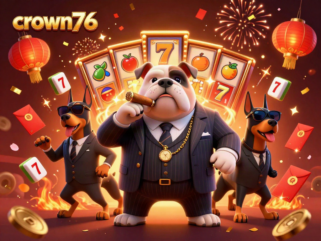 Play exciting games at crown76, featuring vibrant slot reels and engaging casino characters.