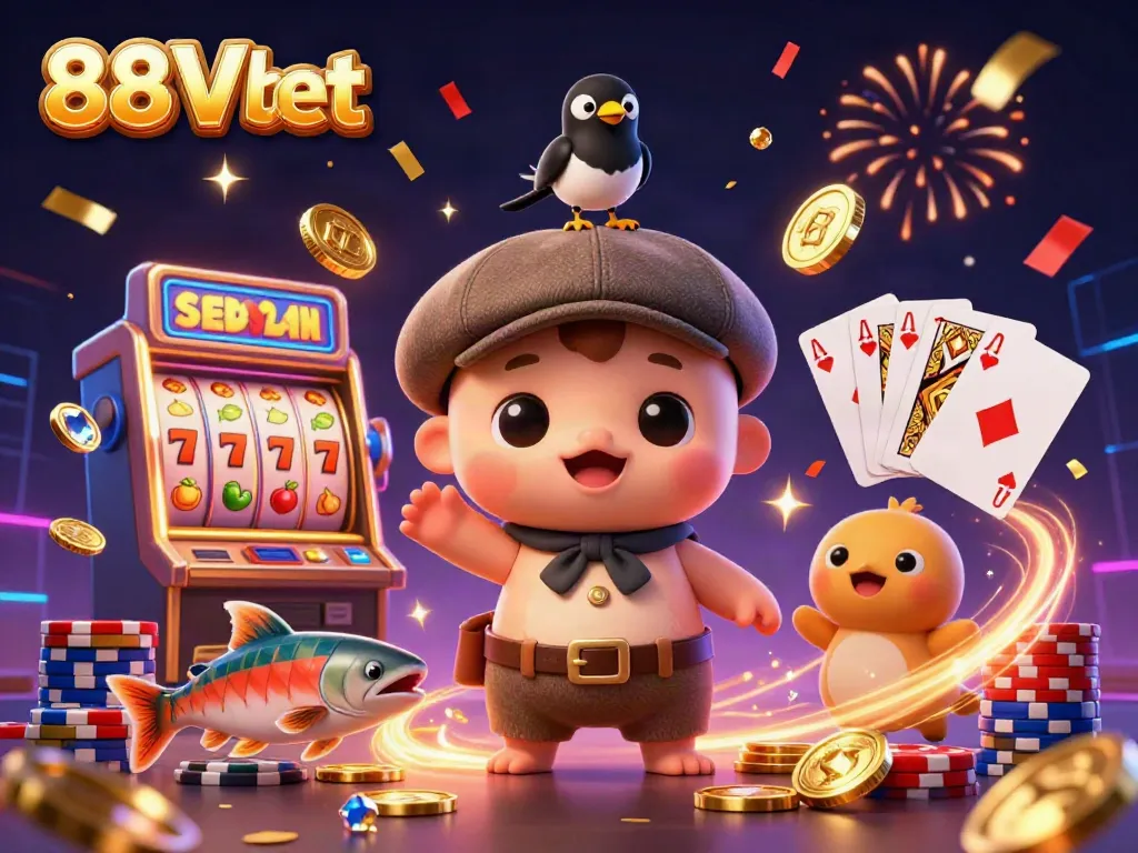Experience the dynamic fun of 88Vbet with a playful Nessie and golden coins in a vibrant 3D casino scene.