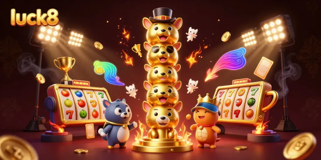 Engage with luck8's thrilling slots and jackpot action in a vibrant digital casino illustration.