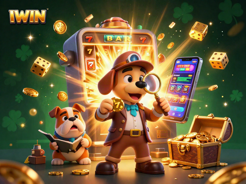 IWIN showcases a vibrant 3D scene of a detective and bulldog exploring a jackpot-winning casino.
