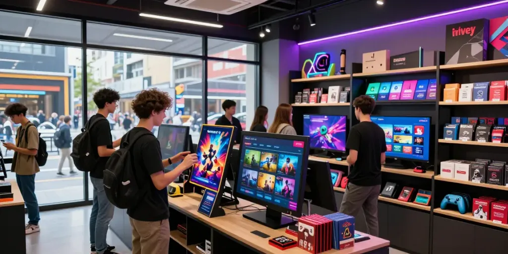 Exciting digital game store showcasing warung168's vibrant game offerings and interactive displays.