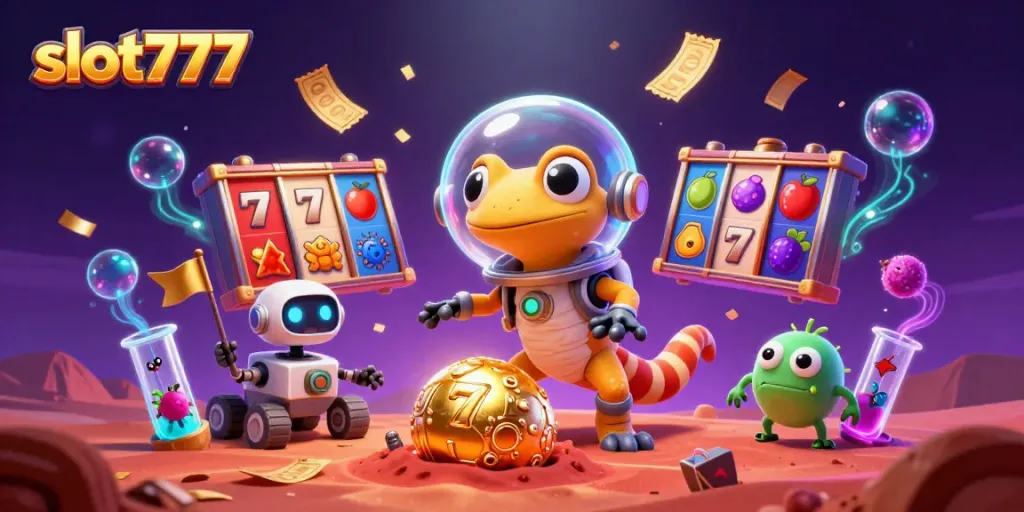 Permainan slot777 menarik dengan jackpot dan simbol keberuntungan dalam kasino luar angkasa yang ceria.