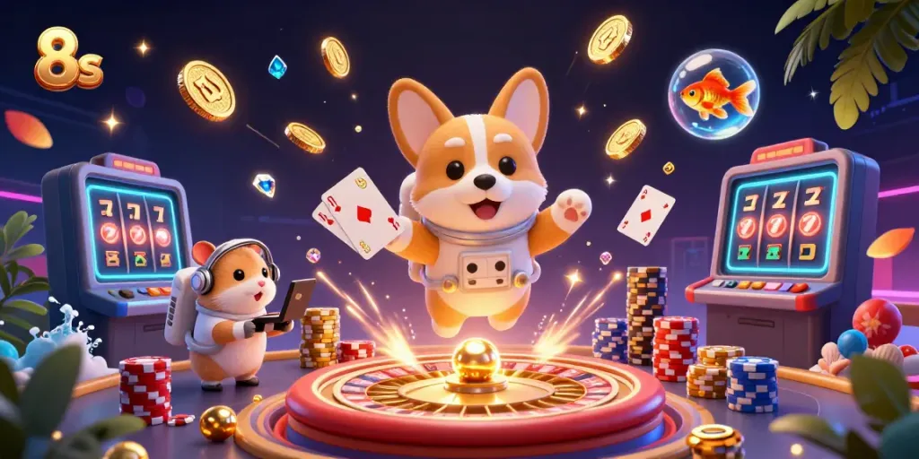 Experience thrilling 8s casino action with a playful astronaut corgi, chasing golden coins in a vibrant scene.