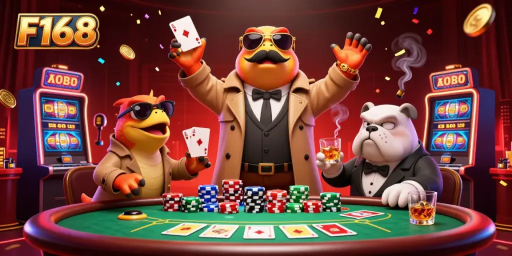 F168 raptors sneak into a VIP casino, engaging with poker chips and slot games while evading a bouncer.