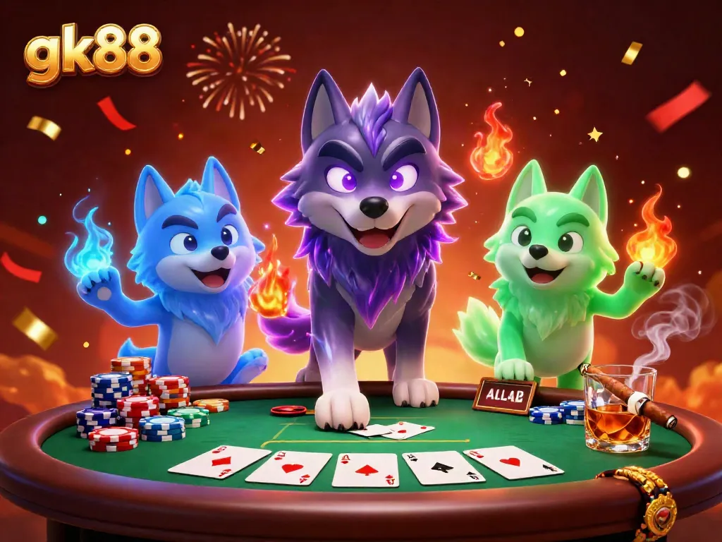 Join the gk88 casino excitement with spectral wolves and poker thrills in this vibrant 3D scene.