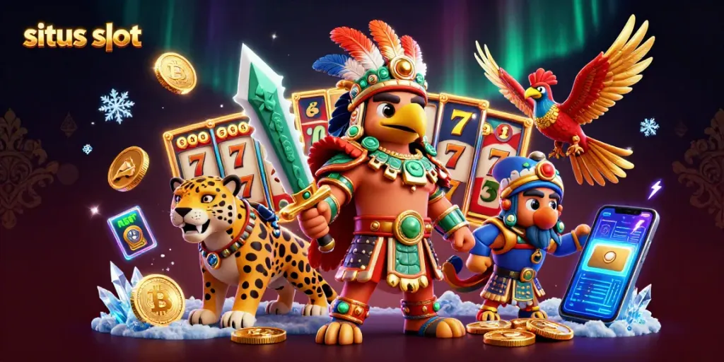 Experience the excitement of situs slot with vibrant Aztec warriors, slot symbols, and crypto elements.