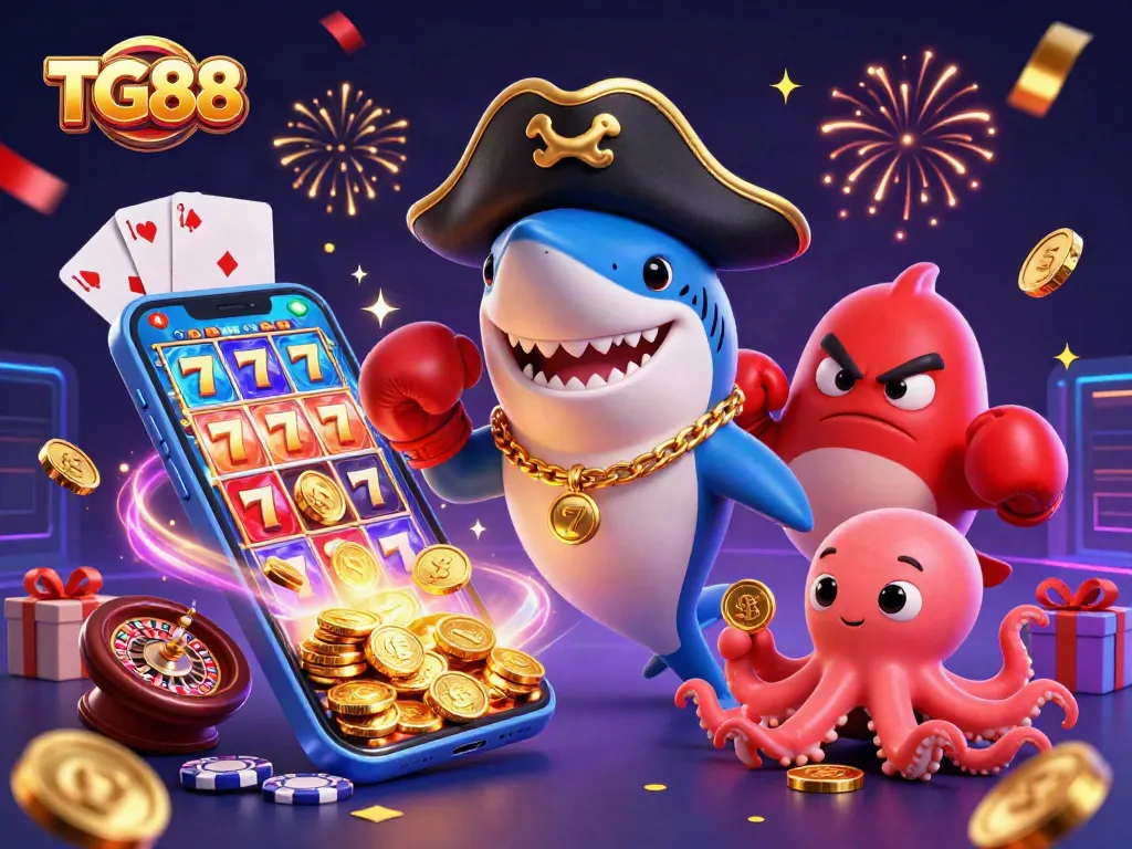 Engage with TG88 casino gaming featuring a pirate shark, boxing pufferfish, and octopus holding coins.