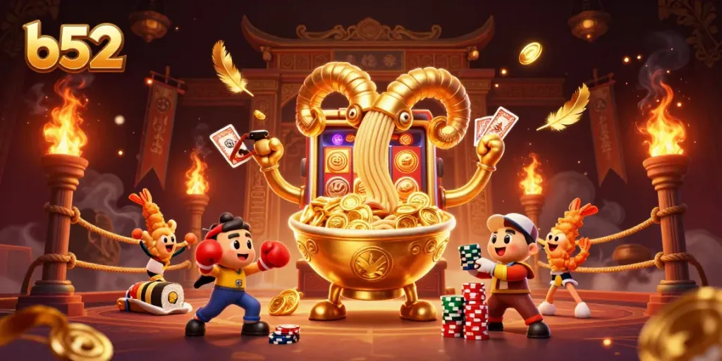 Engage with the b52 slot gaming experience, featuring vibrant characters amidst golden jackpots and dynamic action.