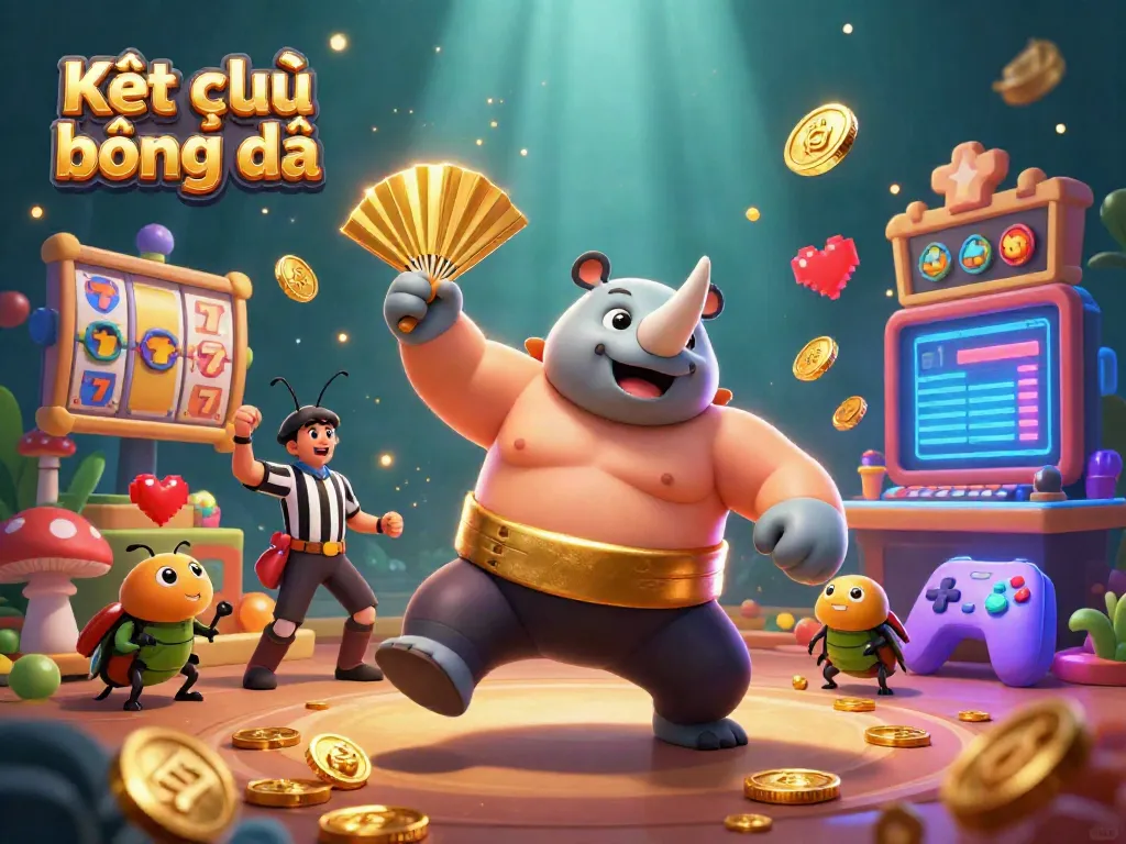 Kết quả bóng đá celebration scene with a rhinoceros beetle champion and casino symbols, showcasing vibrant gameplay.