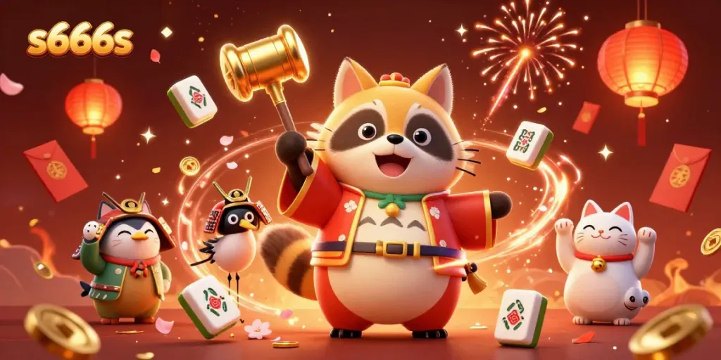 Experience the thrill of gaming at s666s with a playful tanuki and colorful fortune cats.