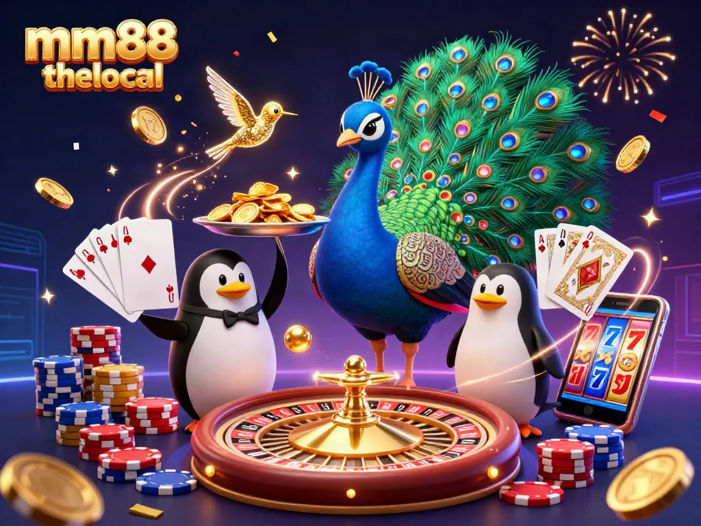Win big with mm88 thelocal's colorful 3D casino scene featuring animated characters and vibrant game elements.