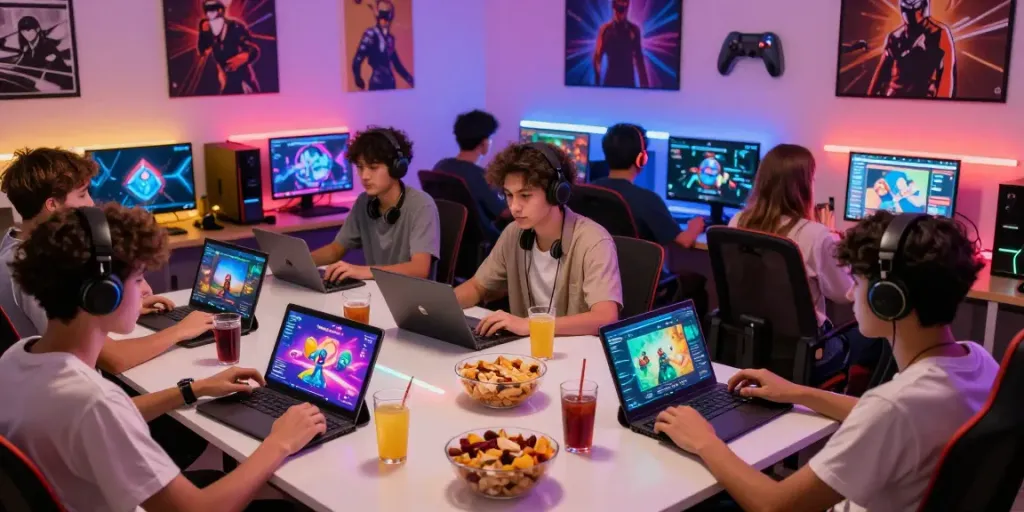 Kilat404 gaming hub with a group of friends enjoying diverse games on tablets and laptops in a vibrant setting.
