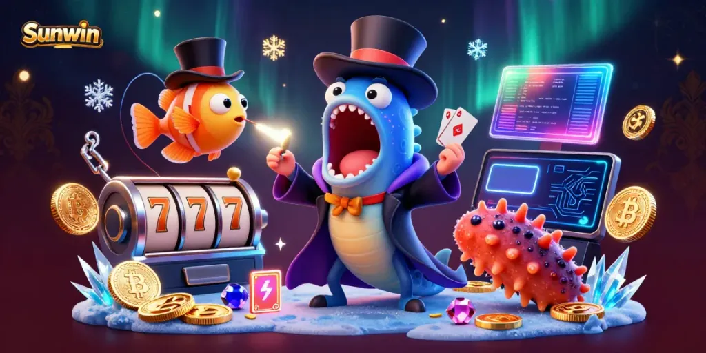 Sunwin offers engaging gaming experiences with a vibrant casino scene featuring animated characters and neon elements.