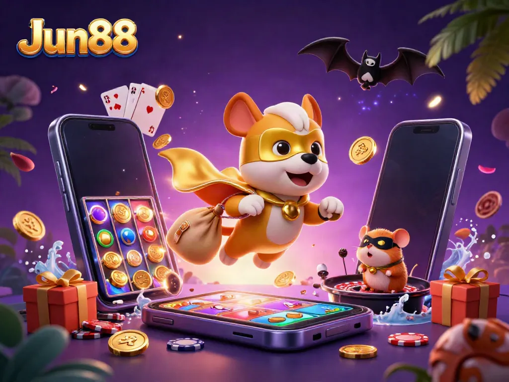 Experience the excitement at Jun88 with a superhero dog and hamster in this vibrant 3D casino scene.