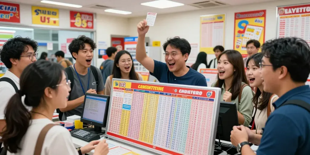 People celebrating in a lottery shop while checking togel results.