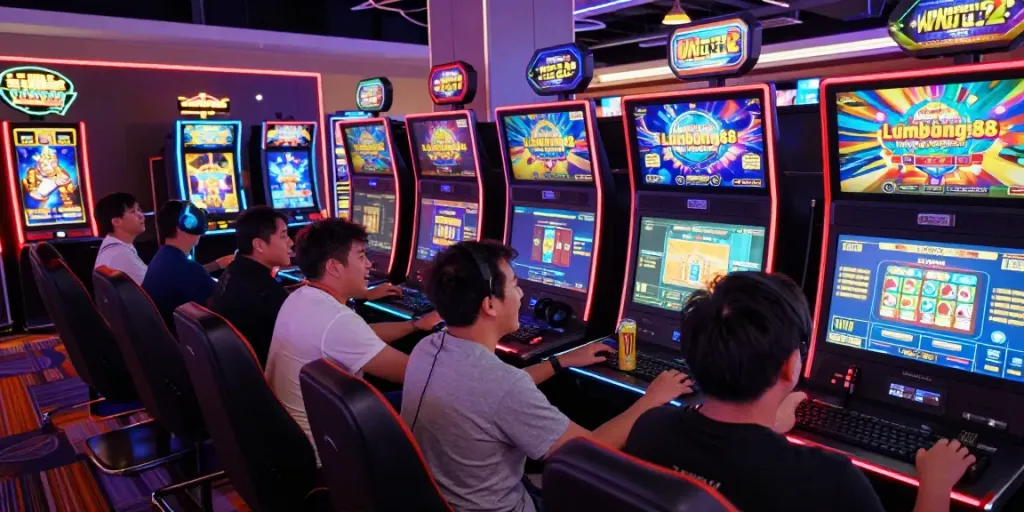 Engaged players at Lumbung88 online gaming site with vibrant virtual casino atmosphere.