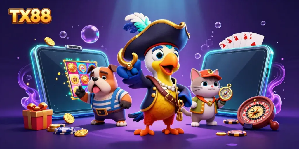Engaging pirates enjoy a vibrant TX88 casino experience with slot games and treasure