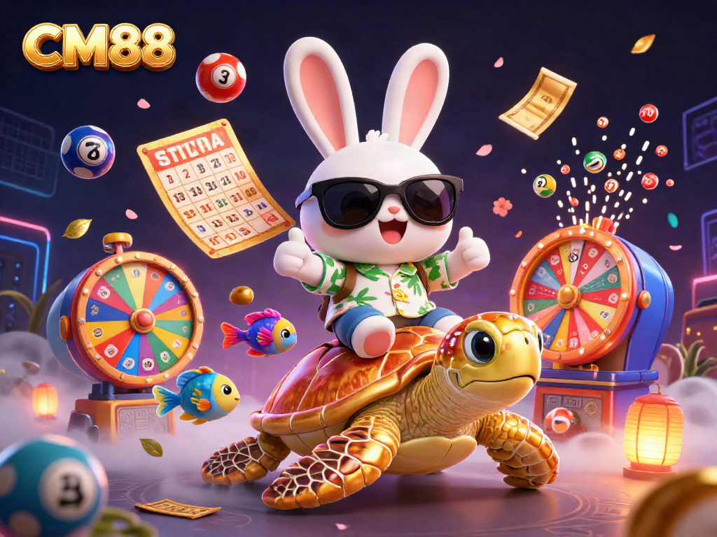 Celebrate luck with CM88's vibrant lottery-themed illustration featuring a cheerful rabbit and sea turtle.