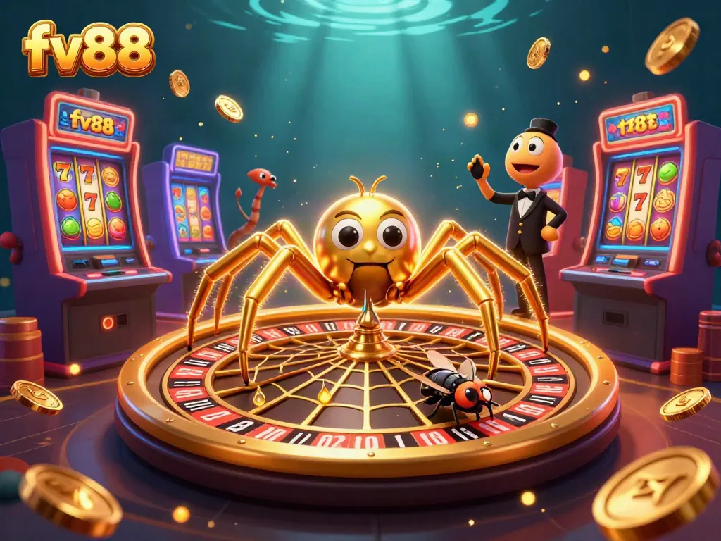 Experience the excitement of fv88 with our vibrant slot machine scene featuring colorful jackpots and characters.