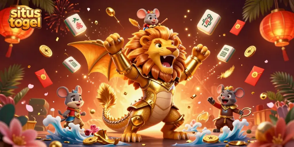 Engage with situs togel through this vibrant 3D illustration featuring a majestic chimera and festive casino elements.
