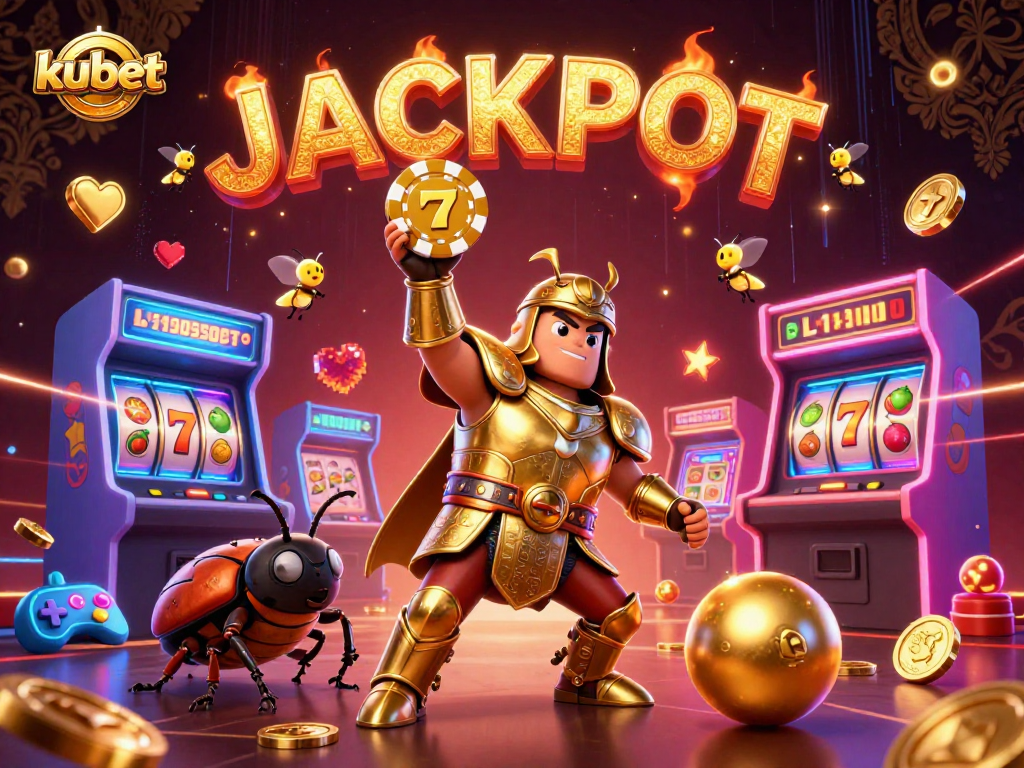 Kubet's vibrant scene celebrates victory with a hercules beetle and casino-themed elements.