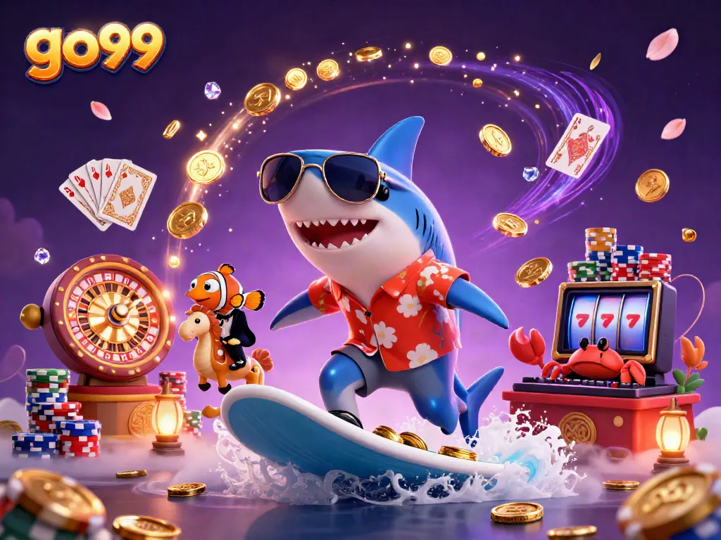 Experience the thrill of go99 with a playful shark, seahorse, and DJ crab amidst casino elements.
