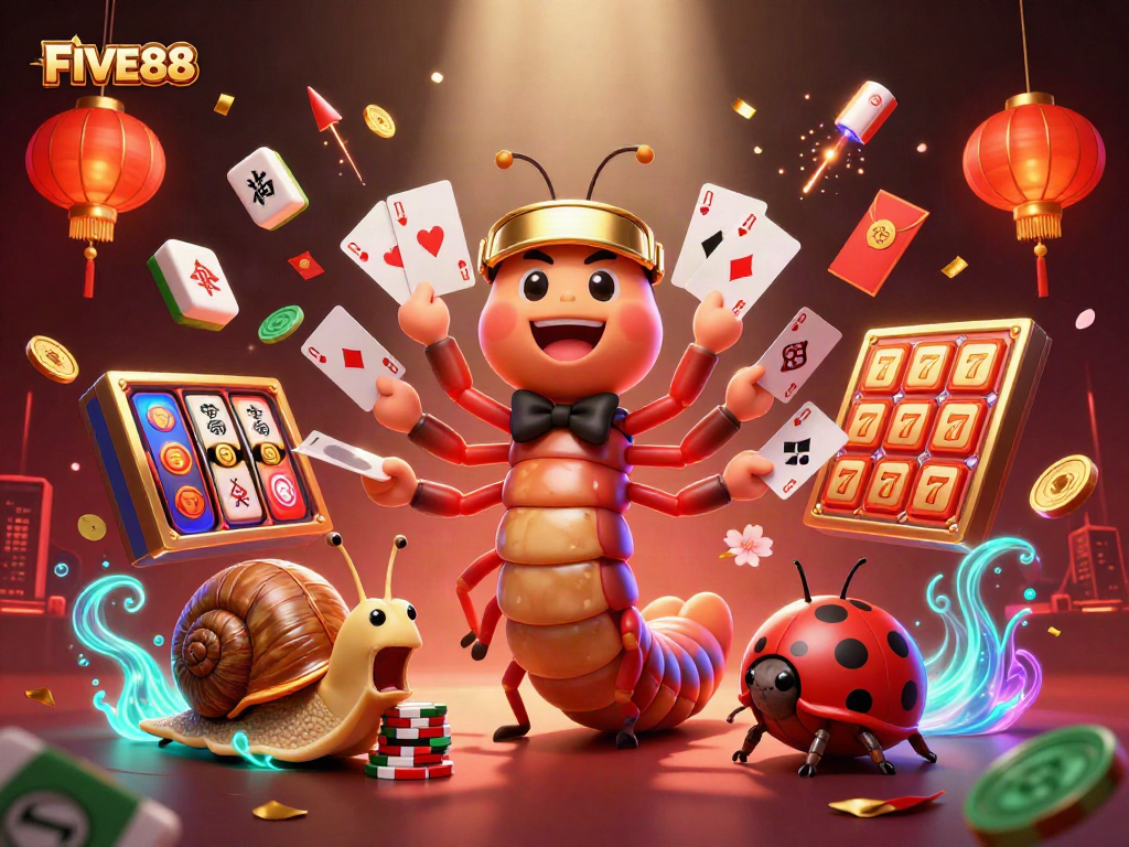 Engage in high-stakes gaming at FIVE88 with vibrant casino characters and dynamic elements.