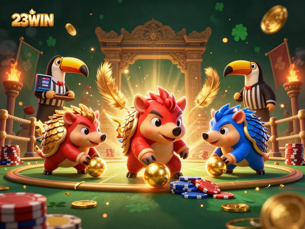 Experience thrilling moments at 23WIN with pangolins competing, surrounded by vibrant casino atmosphere.
