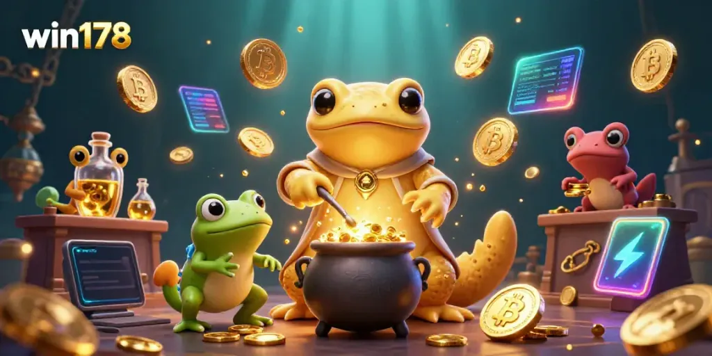Experience the thrilling vibes of win178 with an enchanting 3D casino illustration featuring magical alchemy and crypto elements.