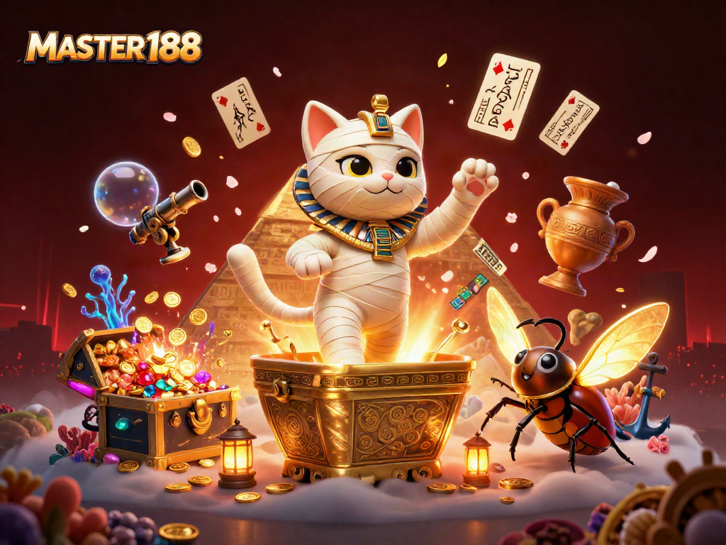 Engage with MASTER188’s vibrant casino scene featuring an animated Egyptian mummy cat and treasure elements.