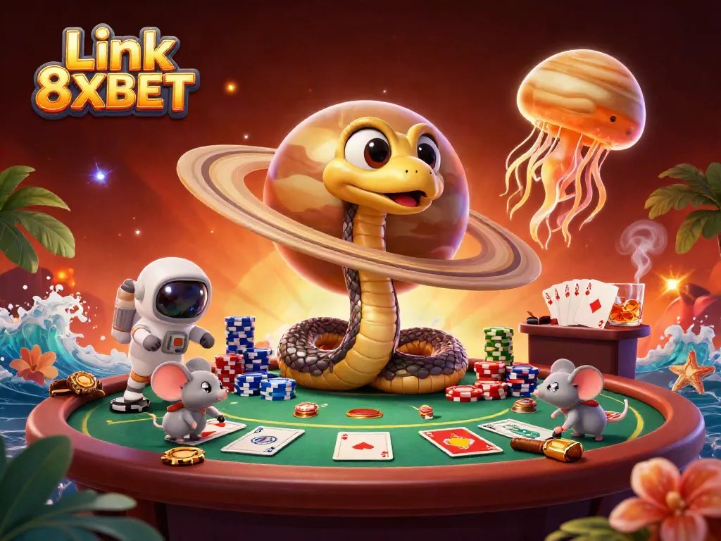 Engage with Link 8XBET in this cosmic casino scene featuring poker action and the roulette planet.