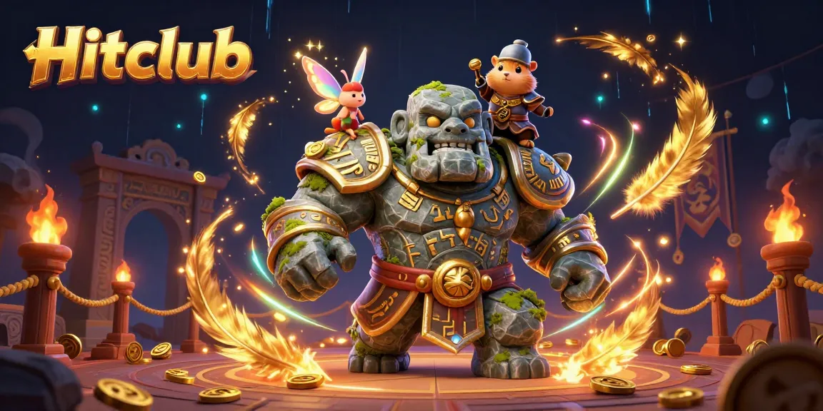 Hitclub showcases a magical scene of a golem guardian and companions casting winning spells in the casino arena.