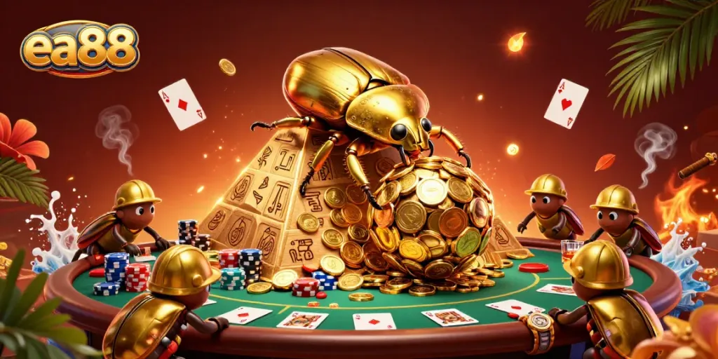 Experience exciting casino vibes with ea88 as golden beetles roll a giant coin ball!