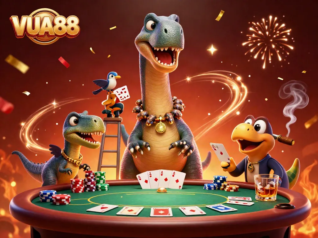 Engage with VUA88 in a thrilling 3D cartoon casino scene featuring a brontosaurus and raptor.