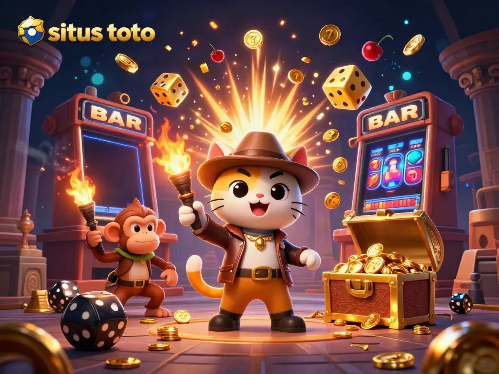 Melihat situs toto yang aman, dengan eksplorasi kasino modern oleh karakter kucing arkeolog 3D.